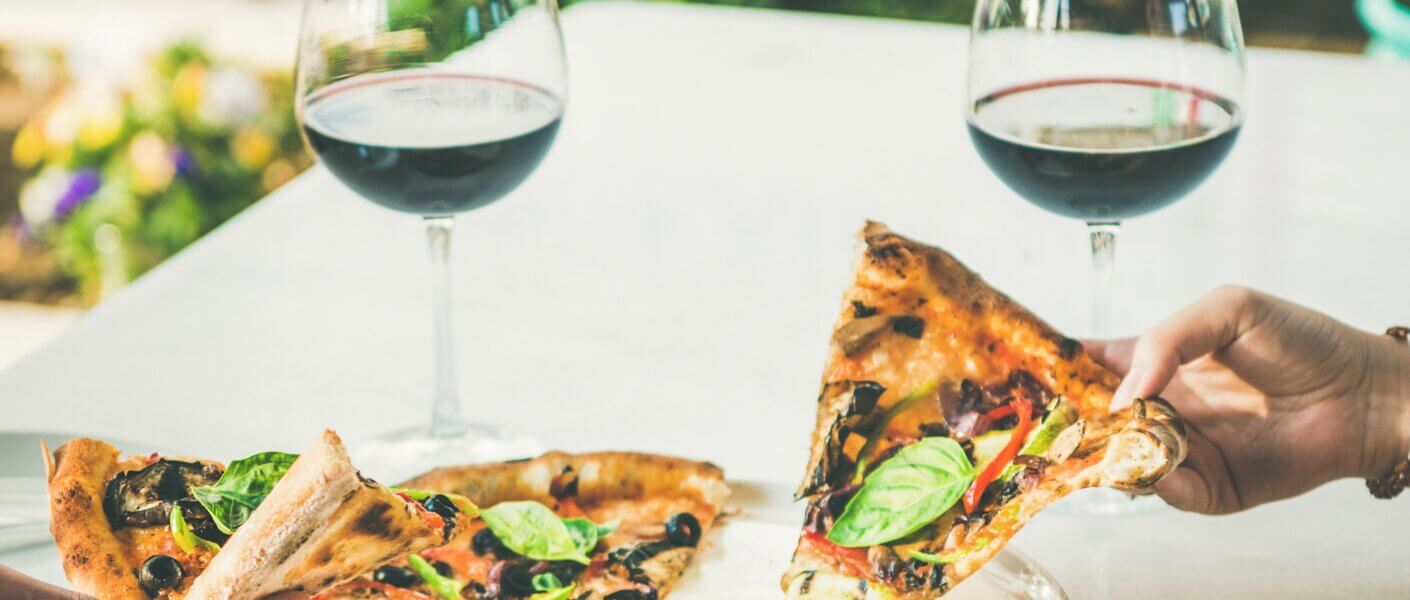 Summer dinner or lunch with pizza and wine