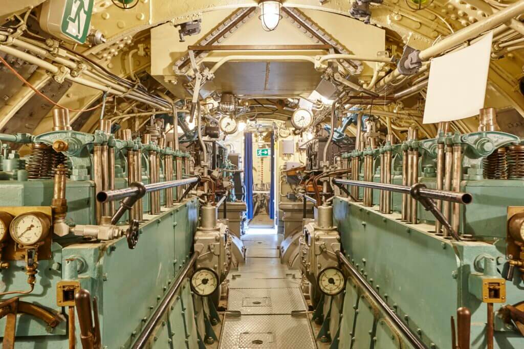Second war world submarine interior. Engine room. Military vessel. Horizontal